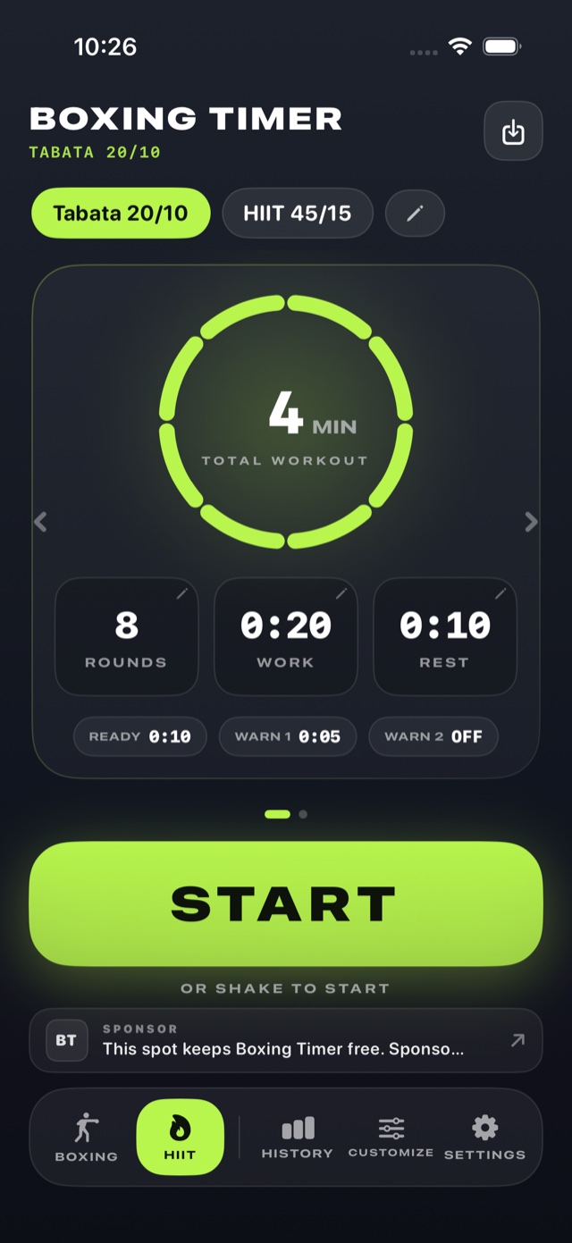 HIIT tab with Tabata and interval presets