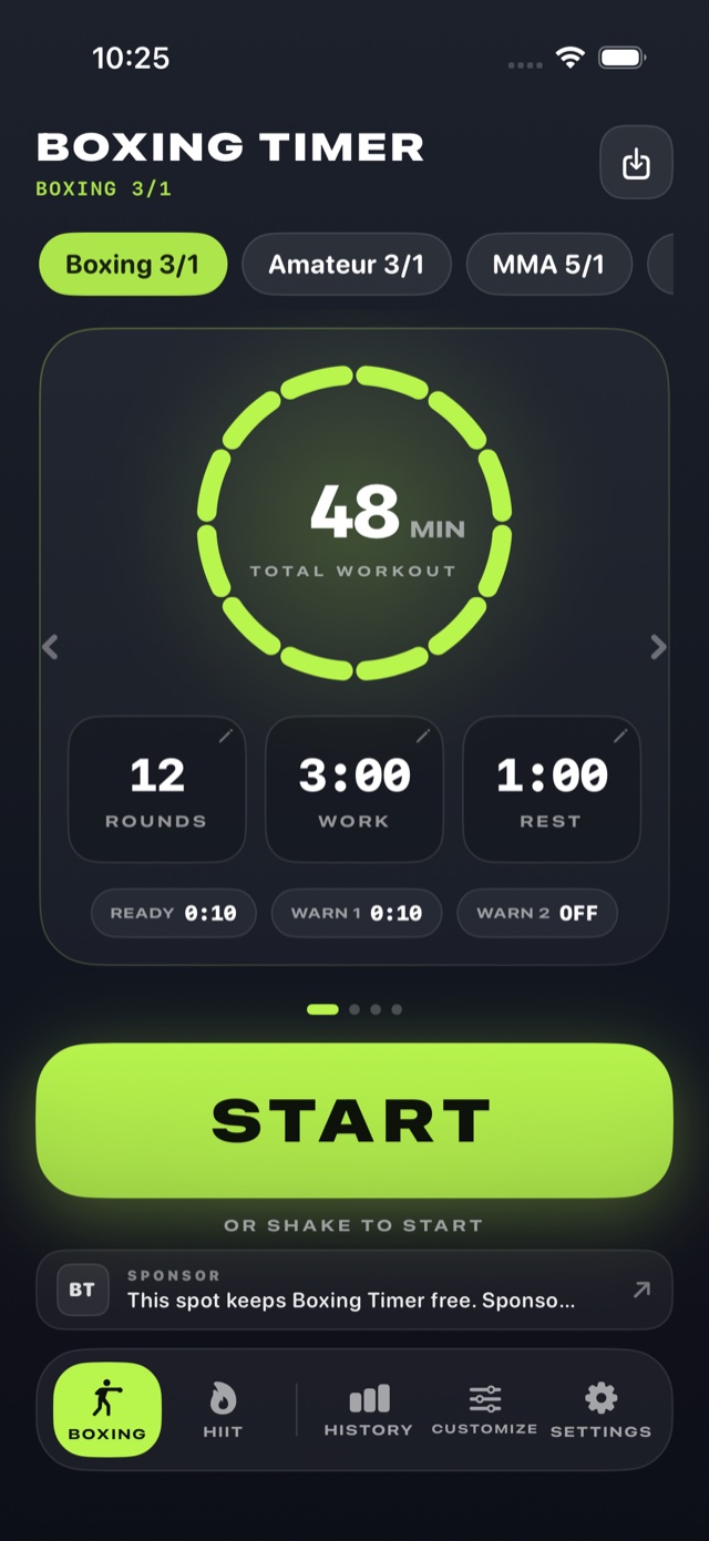 Boxing Timer home screen: preset cards, a segmented ring showing a 48 minute total workout, and a large start button