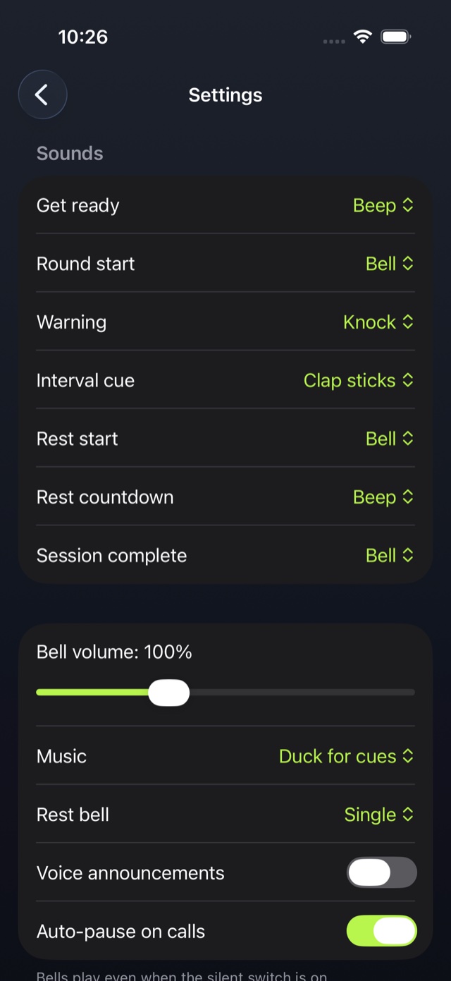Settings screen with sound choices